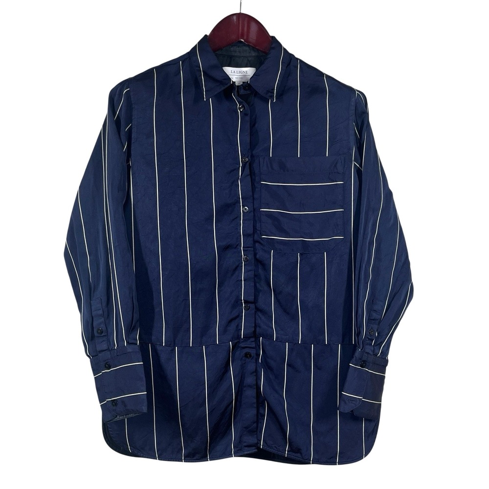 La Ligne Sadie Paneled Striped Crepe De Chine Shirt Womens M Navy Pinstripe USA